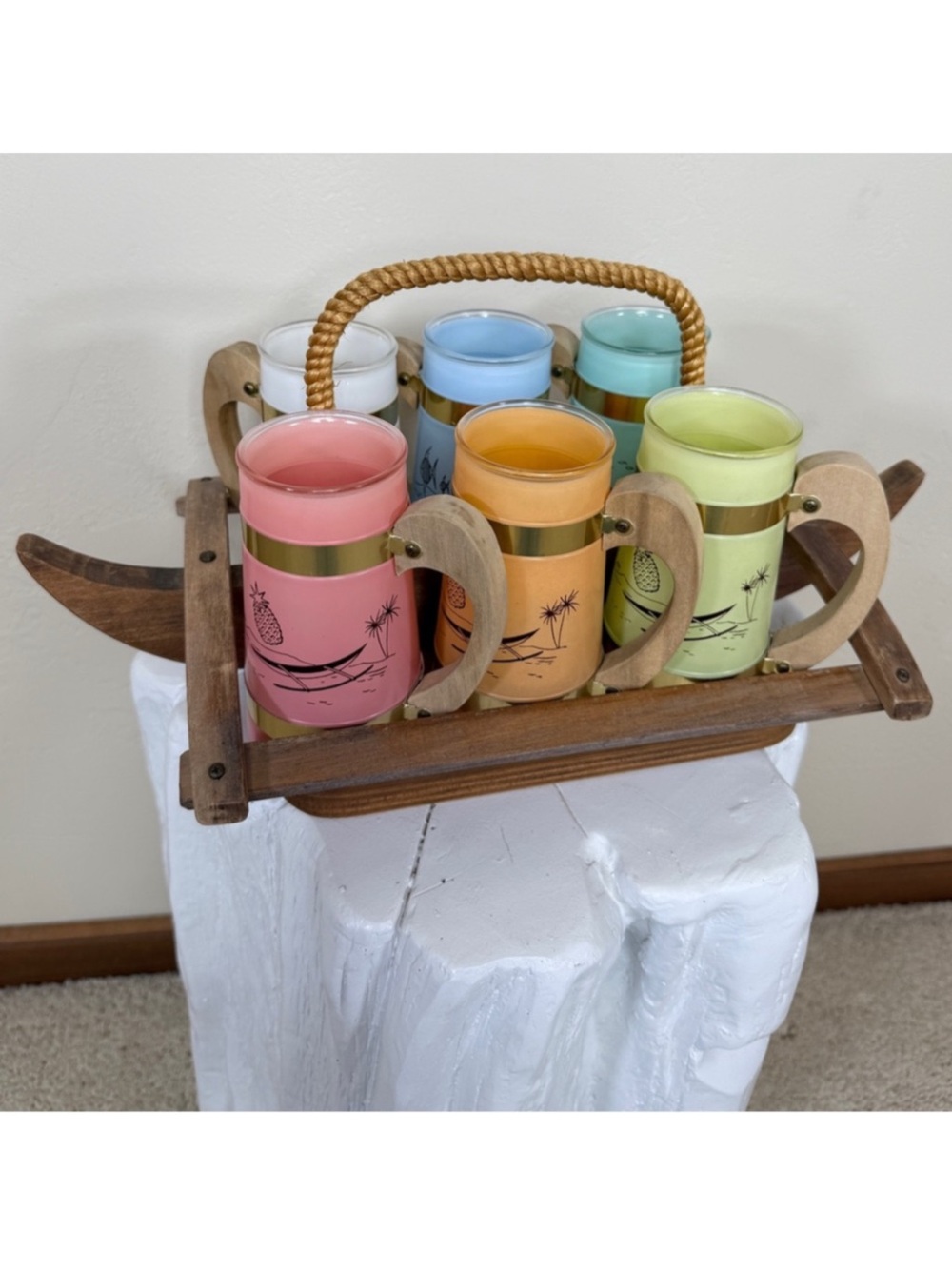 Vintage Siesta Ware Set of 6 Hawaiian Tiki Mugs & Wood Outrigger Canoe Carrier